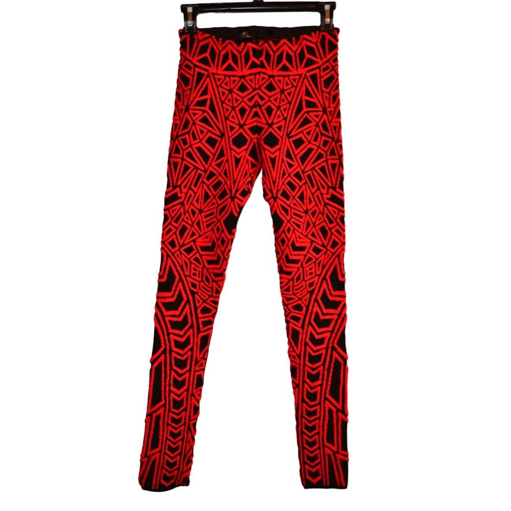 RVN S Thick Knit Leggings Red Black Geometric Sexy Jacquard Pants Tight